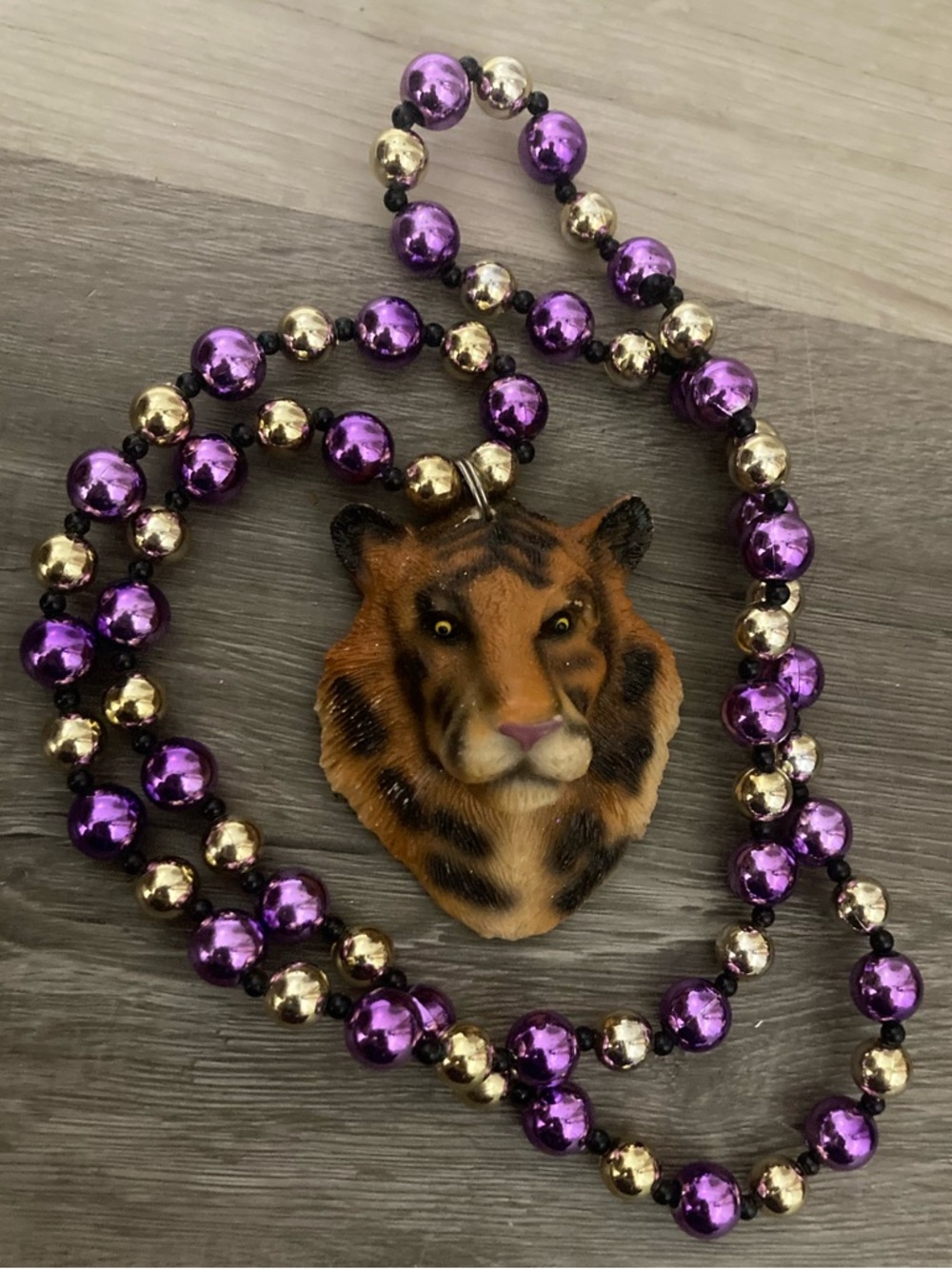 Mardi Gras Tiger Head Pendant Necklace with Purple & Gold Beads